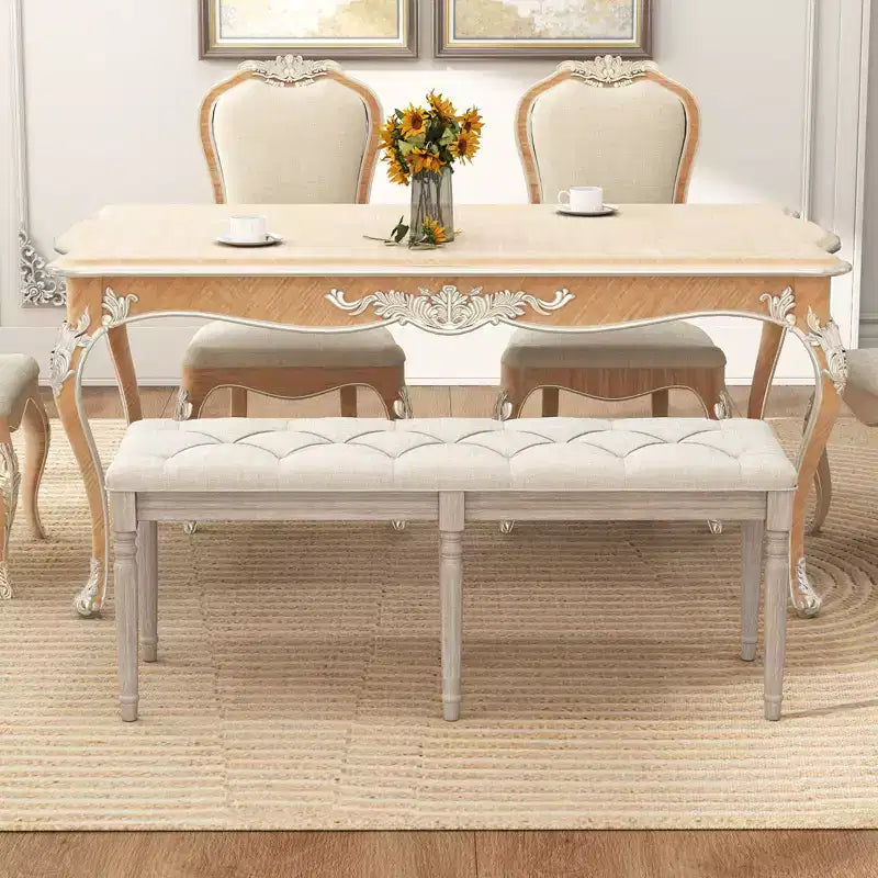Panca Bout de Lit Trapuntata in Lino Beige, Posti a Sedere 1-2, Gambe in Legno di Caucciù