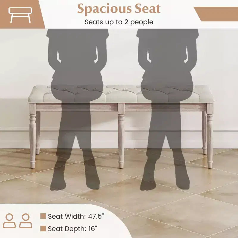 Panca Bout de Lit Trapuntata in Lino Beige, Posti a Sedere 1-2, Gambe in Legno di Caucciù