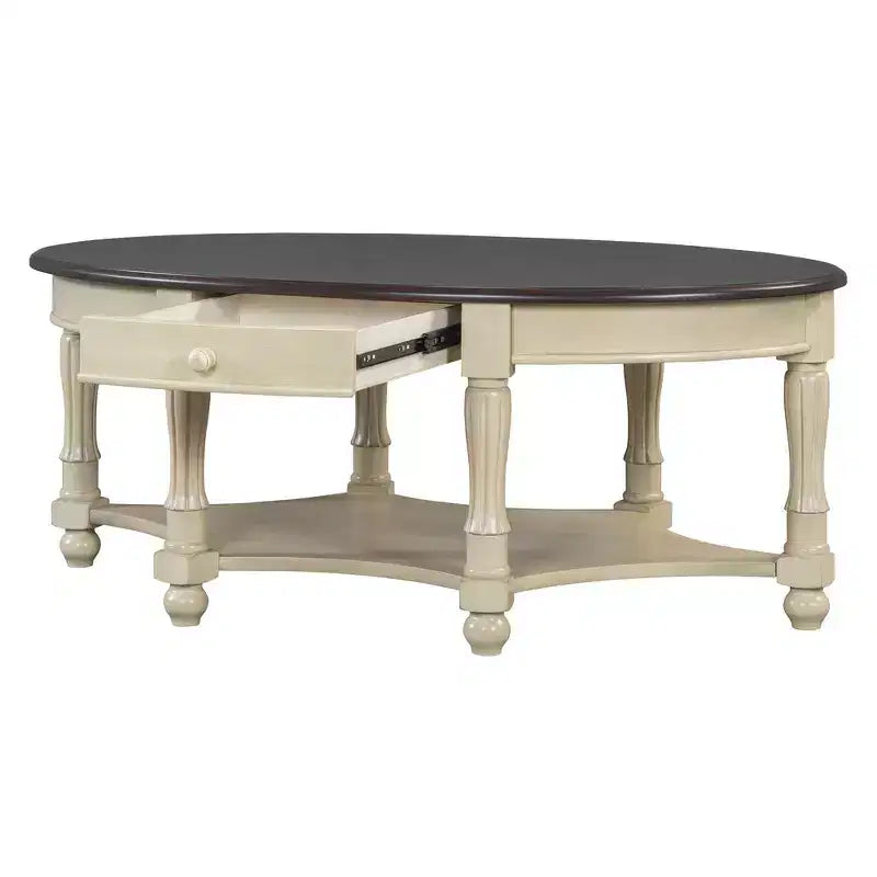 Tavolino da caffè ovale beige e ciliegio/noce con cassetto e ripiano inferiore
