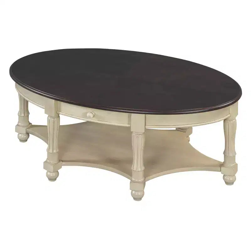 Tavolino da caffè ovale beige e ciliegio/noce con cassetto e ripiano inferiore