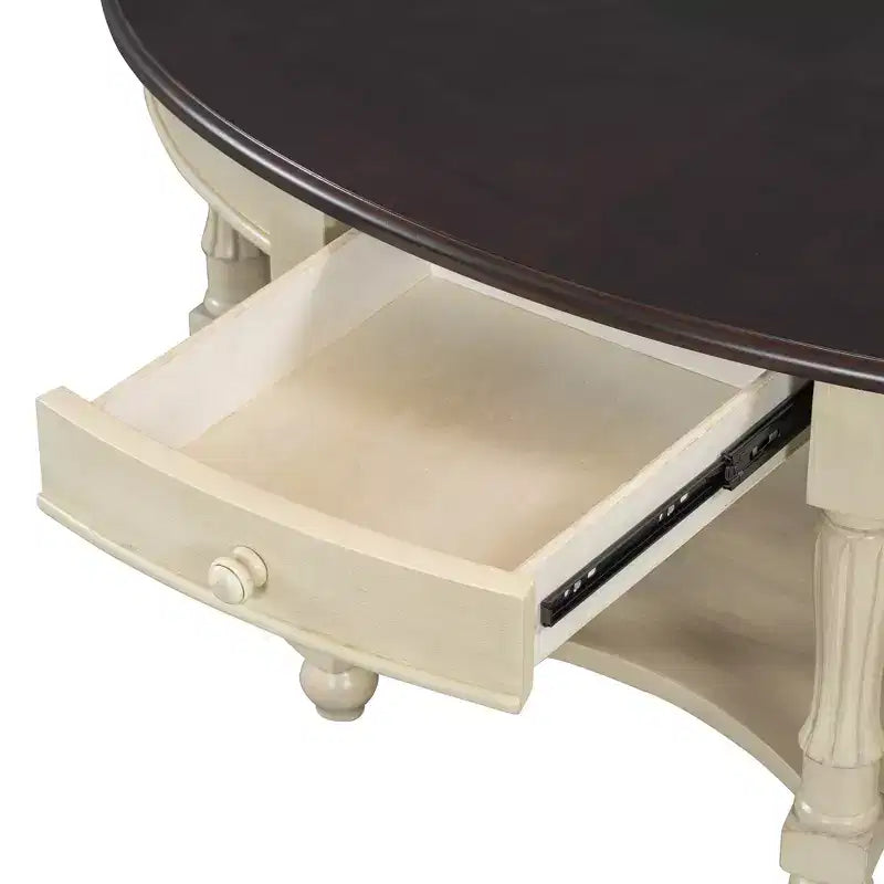 Tavolino da caffè ovale beige e ciliegio/noce con cassetto e ripiano inferiore