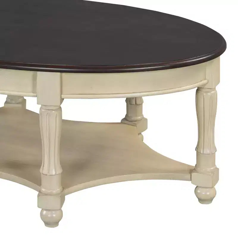Tavolino da caffè ovale beige e ciliegio/noce con cassetto e ripiano inferiore