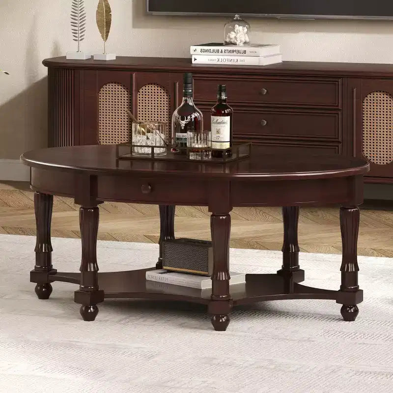 Tavolino da caffè ovale beige e ciliegio/noce con cassetto e ripiano inferiore