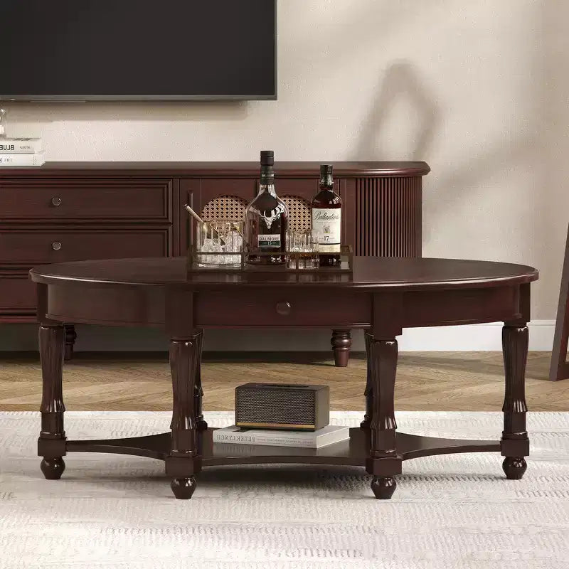 Tavolino da caffè ovale beige e ciliegio/noce con cassetto e ripiano inferiore