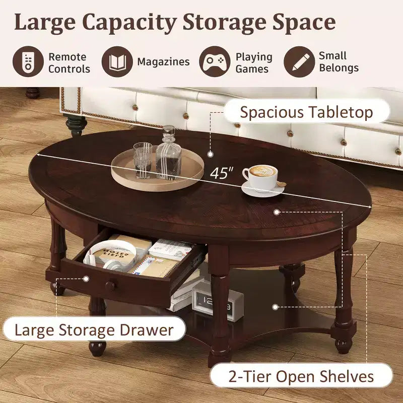 Tavolino da caffè ovale beige e ciliegio/noce con cassetto e ripiano inferiore