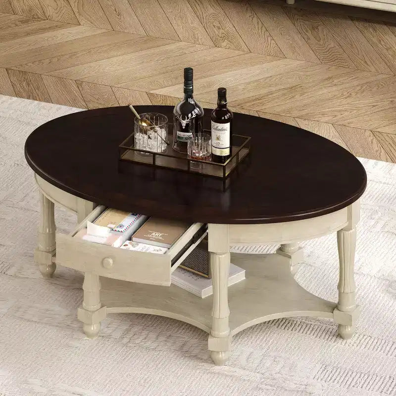 Tavolino da caffè ovale beige e ciliegio/noce con cassetto e ripiano inferiore