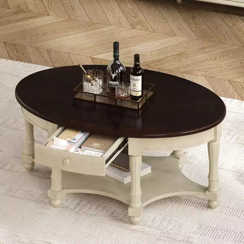 Tavolino da caffè ovale beige e ciliegio/noce con cassetto e ripiano inferiore
