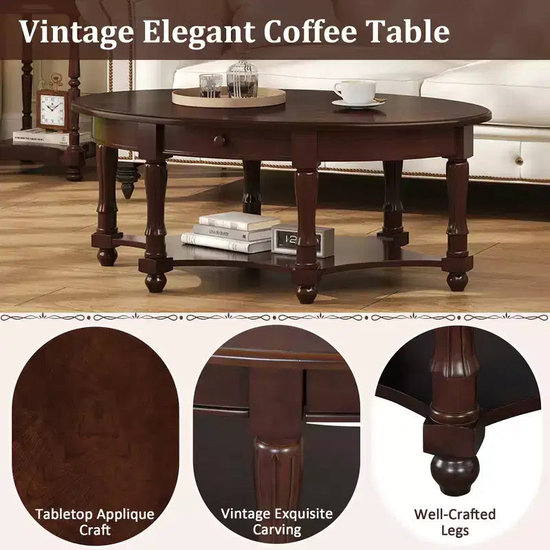 Tavolino da caffè ovale beige e ciliegio/noce con cassetto e ripiano inferiore