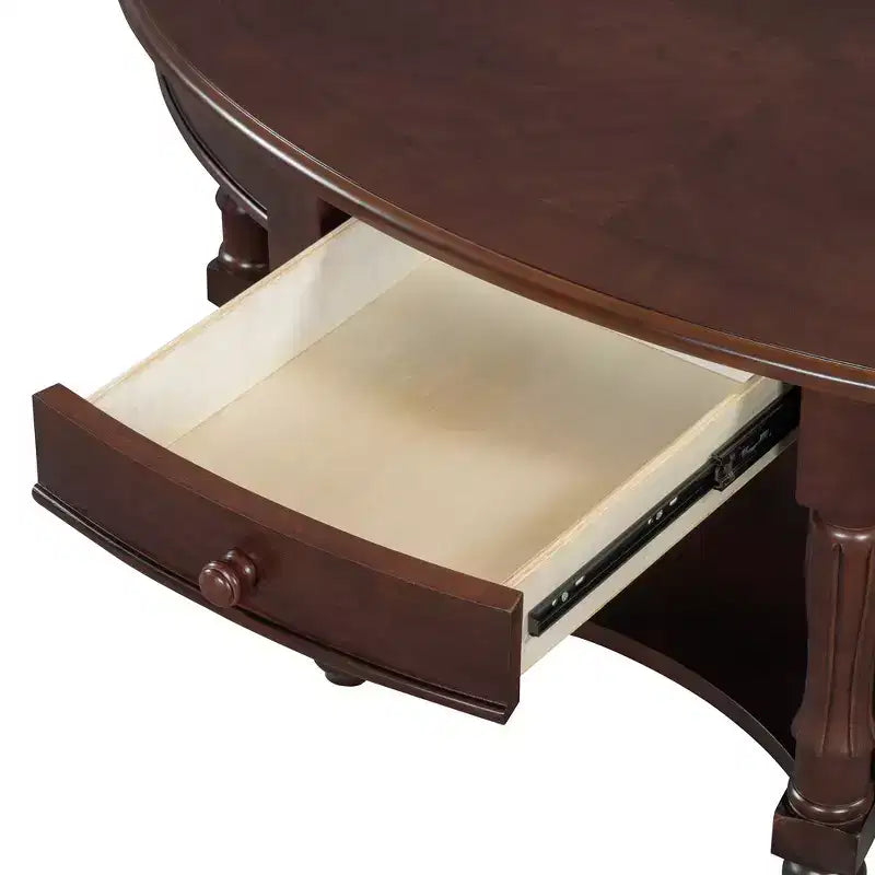 Tavolino da caffè ovale beige e ciliegio/noce con cassetto e ripiano inferiore