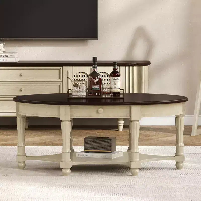 Tavolino da caffè ovale beige e ciliegio/noce con cassetto e ripiano inferiore