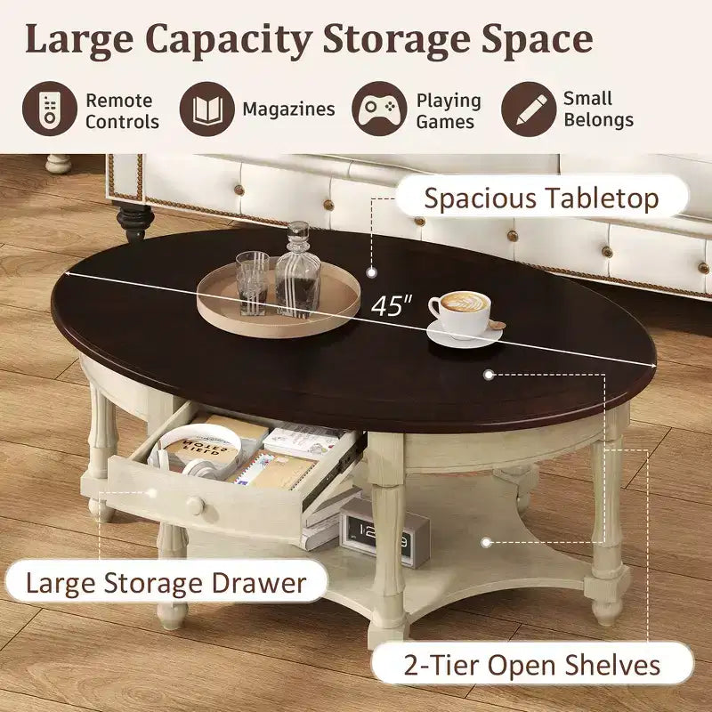 Tavolino da caffè ovale beige e ciliegio/noce con cassetto e ripiano inferiore