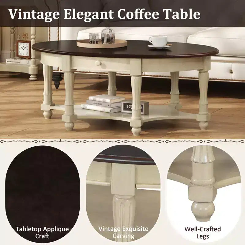 Tavolino da caffè ovale beige e ciliegio/noce con cassetto e ripiano inferiore