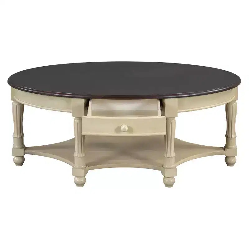 Tavolino da caffè ovale beige e ciliegio/noce con cassetto e ripiano inferiore