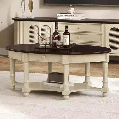 Whisen French Vintage Country Oval Coffee Table with Drawer and Lower Storage Shelf for Living Room