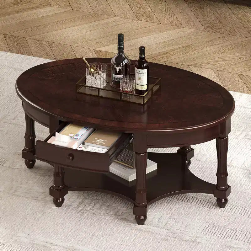 Tavolino da caffè ovale beige e ciliegio/noce con cassetto e ripiano inferiore