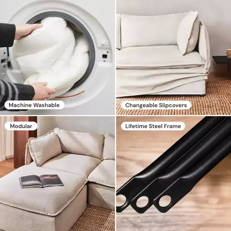Divano componibile angolare a 5 posti + pouf – Velluto / Lino / Tessuto felpato