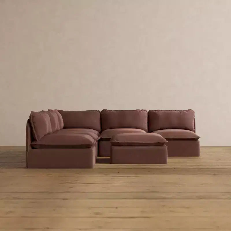 Divano componibile angolare a 5 posti + pouf – Velluto / Lino / Tessuto felpato