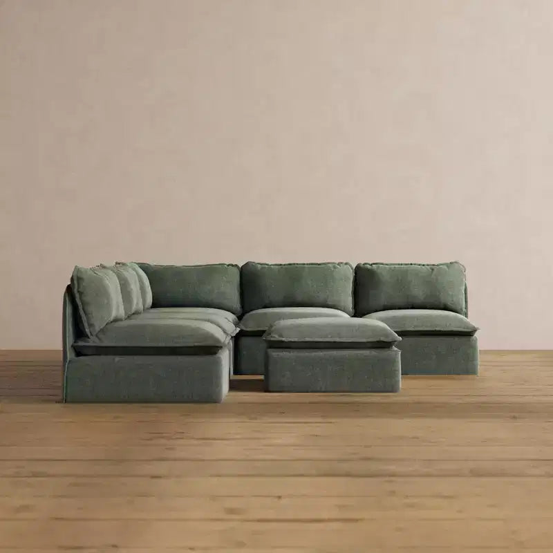 Divano componibile angolare a 5 posti + pouf – Velluto / Lino / Tessuto felpato