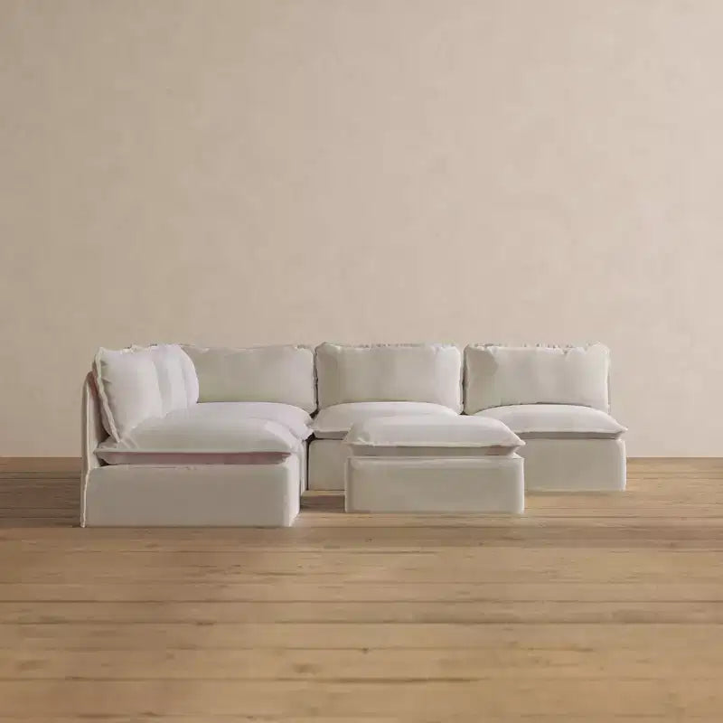 Divano componibile angolare a 5 posti + pouf – Velluto / Lino / Tessuto felpato