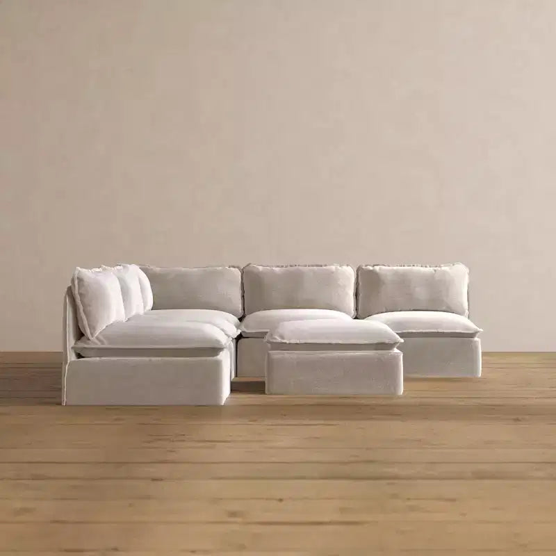 Divano componibile angolare a 5 posti + pouf – Velluto / Lino / Tessuto felpato