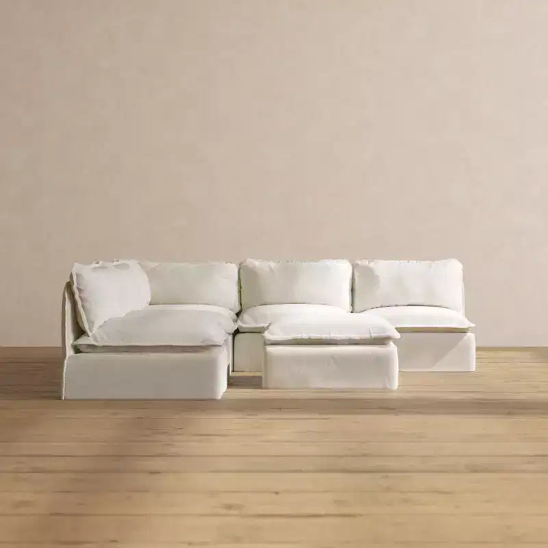 Divano componibile angolare a 5 posti + pouf – Velluto / Lino / Tessuto felpato