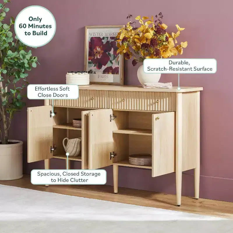 Credenza a Buffet Scanalata da 58" – Rovere Coastal / Rovere Marrone Scuro