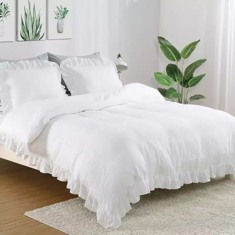 Set copripiumino con volant bianco, microfibra, 1 copripiumino + 2 federe, Queen (228x228 cm)