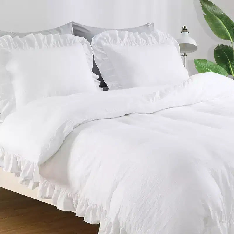 Set copripiumino con volant bianco, microfibra, 1 copripiumino + 2 federe, Queen (228x228 cm)