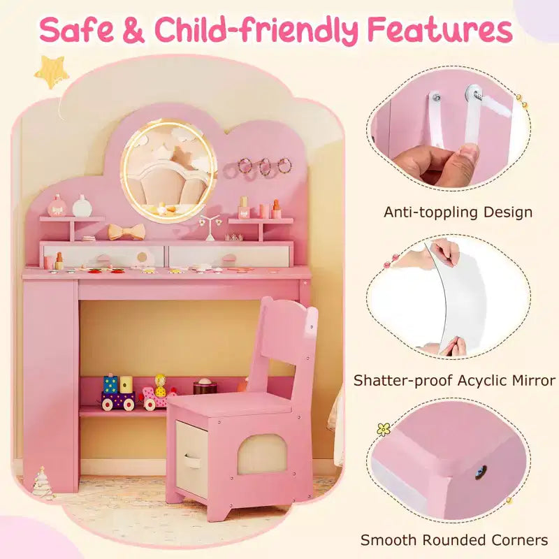 Tavolino da trucco per bambini bianco/rosa con specchio LED, cassetti e libreria, per età 3+