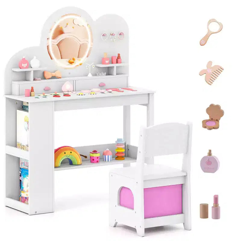 Tavolino da trucco per bambini bianco/rosa con specchio LED, cassetti e libreria, per età 3+