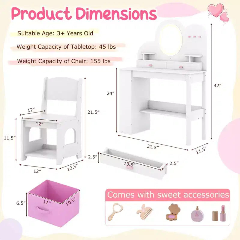 Tavolino da trucco per bambini bianco/rosa con specchio LED, cassetti e libreria, per età 3+
