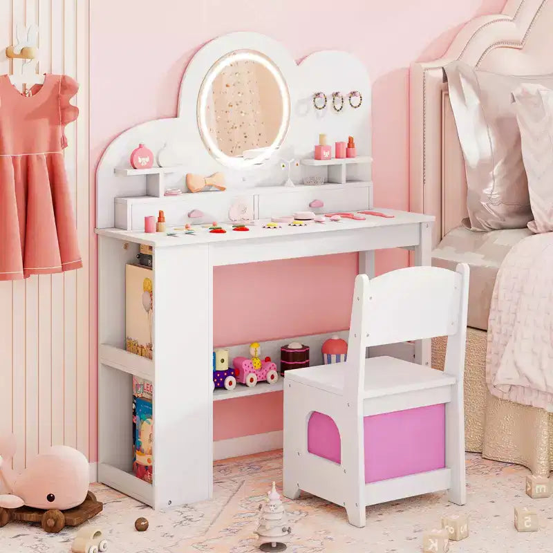 Tavolino da trucco per bambini bianco/rosa con specchio LED, cassetti e libreria, per età 3+