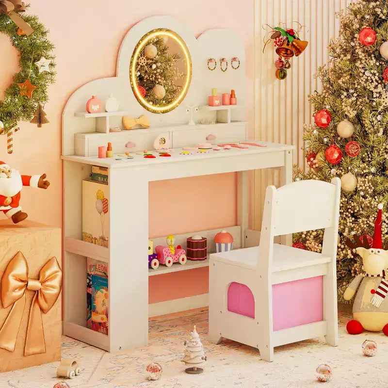 Tavolino da trucco per bambini bianco/rosa con specchio LED, cassetti e libreria, per età 3+