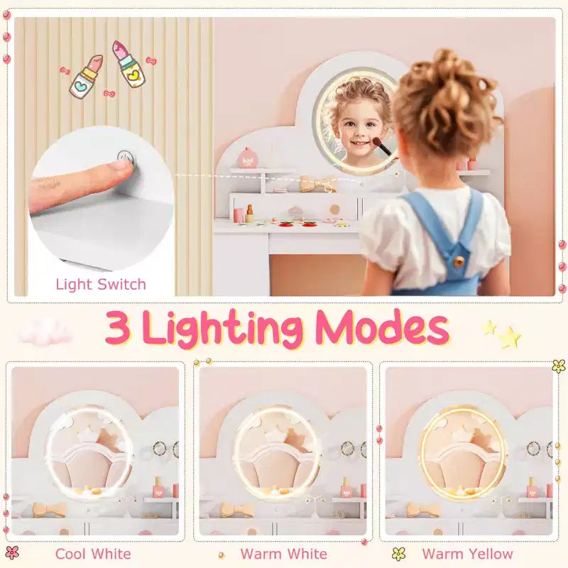 Tavolino da trucco per bambini bianco/rosa con specchio LED, cassetti e libreria, per età 3+