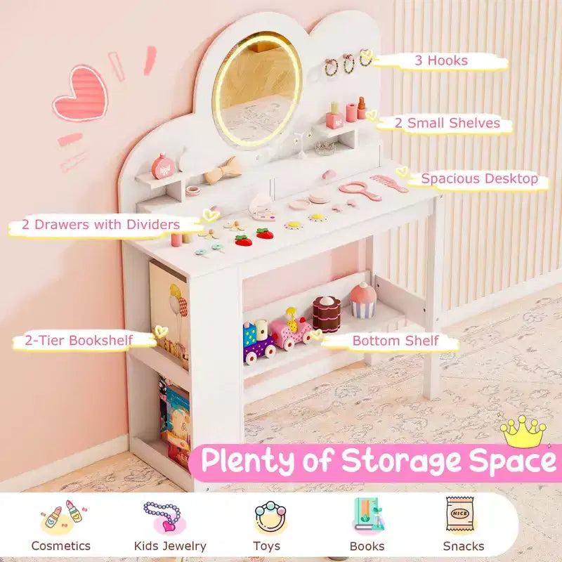 Tavolino da trucco per bambini bianco/rosa con specchio LED, cassetti e libreria, per età 3+