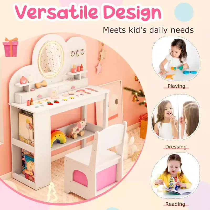 Tavolino da trucco per bambini bianco/rosa con specchio LED, cassetti e libreria, per età 3+