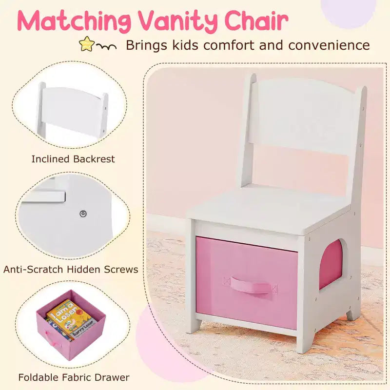 Tavolino da trucco per bambini bianco/rosa con specchio LED, cassetti e libreria, per età 3+