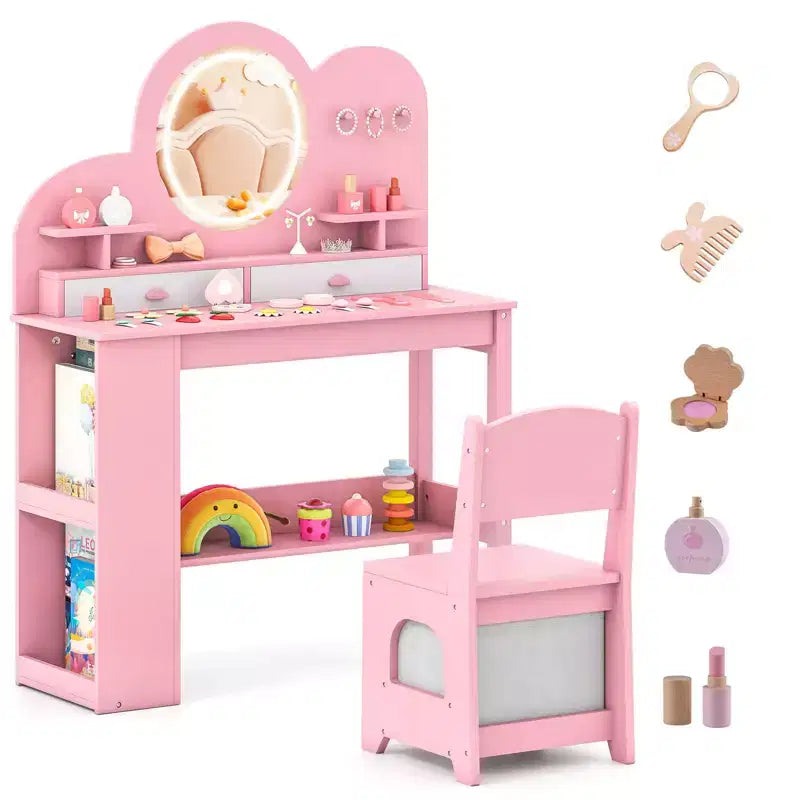 Tavolino da trucco per bambini bianco/rosa con specchio LED, cassetti e libreria, per età 3+