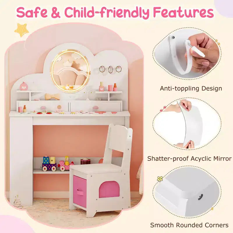 Tavolino da trucco per bambini bianco/rosa con specchio LED, cassetti e libreria, per età 3+