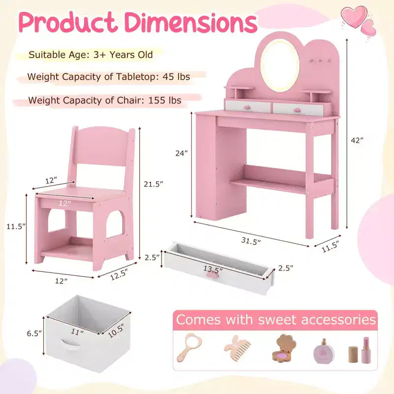 Tavolino da trucco per bambini bianco/rosa con specchio LED, cassetti e libreria, per età 3+