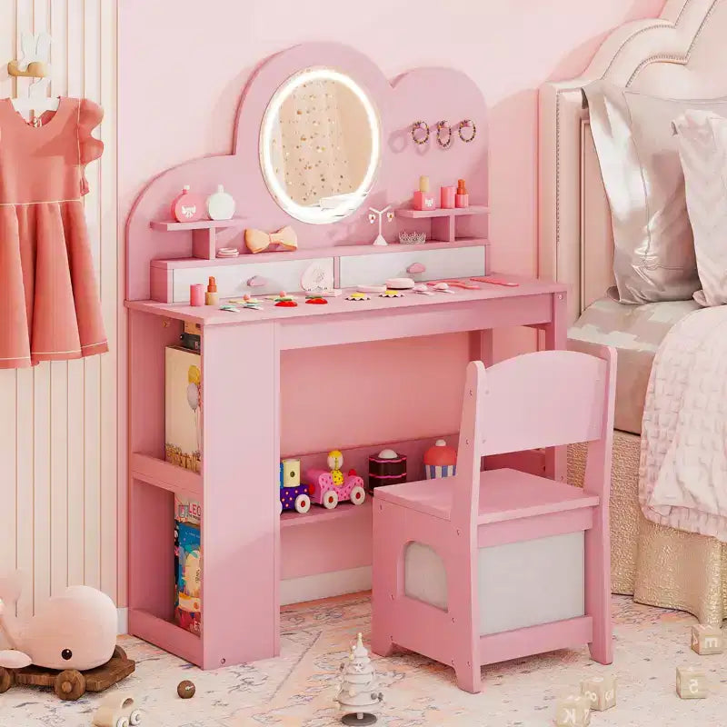 Tavolino da trucco per bambini bianco/rosa con specchio LED, cassetti e libreria, per età 3+