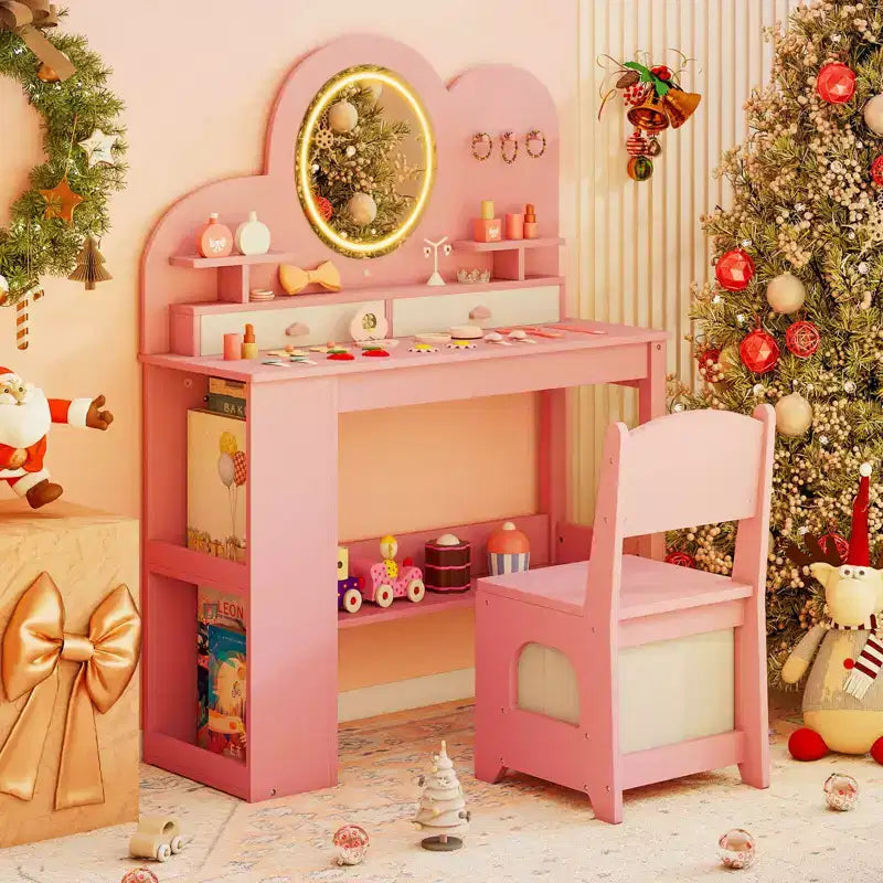 Tavolino da trucco per bambini bianco/rosa con specchio LED, cassetti e libreria, per età 3+