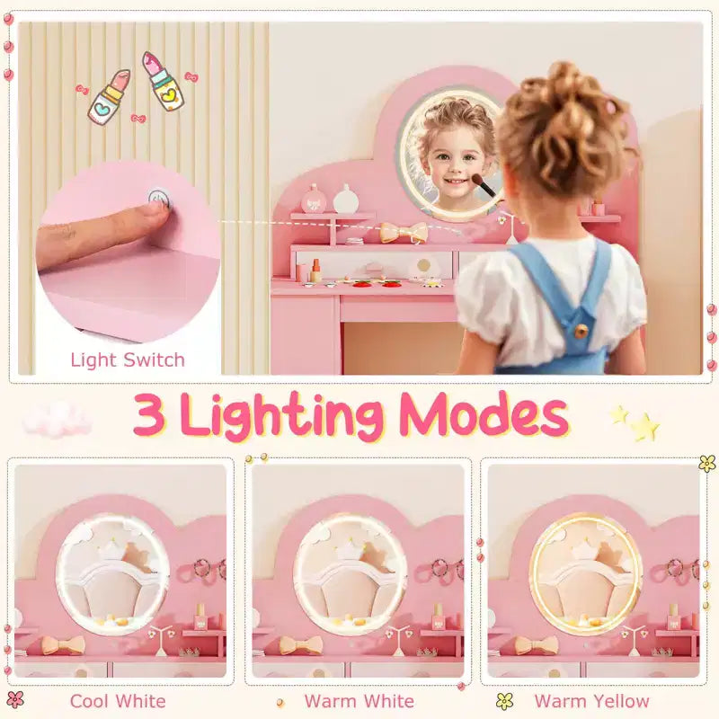 Tavolino da trucco per bambini bianco/rosa con specchio LED, cassetti e libreria, per età 3+