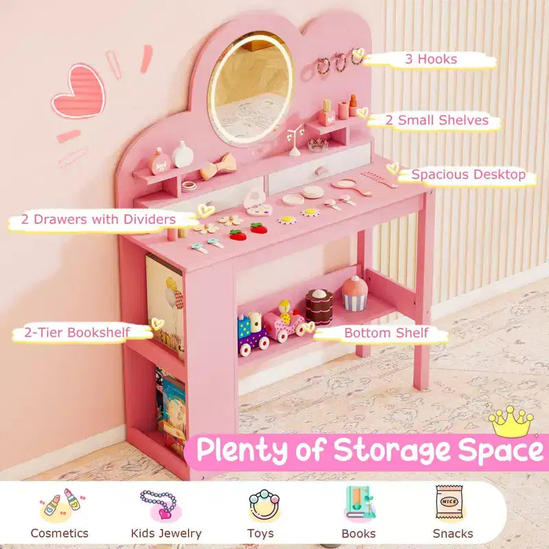 Tavolino da trucco per bambini bianco/rosa con specchio LED, cassetti e libreria, per età 3+
