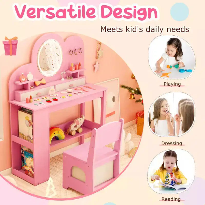 Tavolino da trucco per bambini bianco/rosa con specchio LED, cassetti e libreria, per età 3+