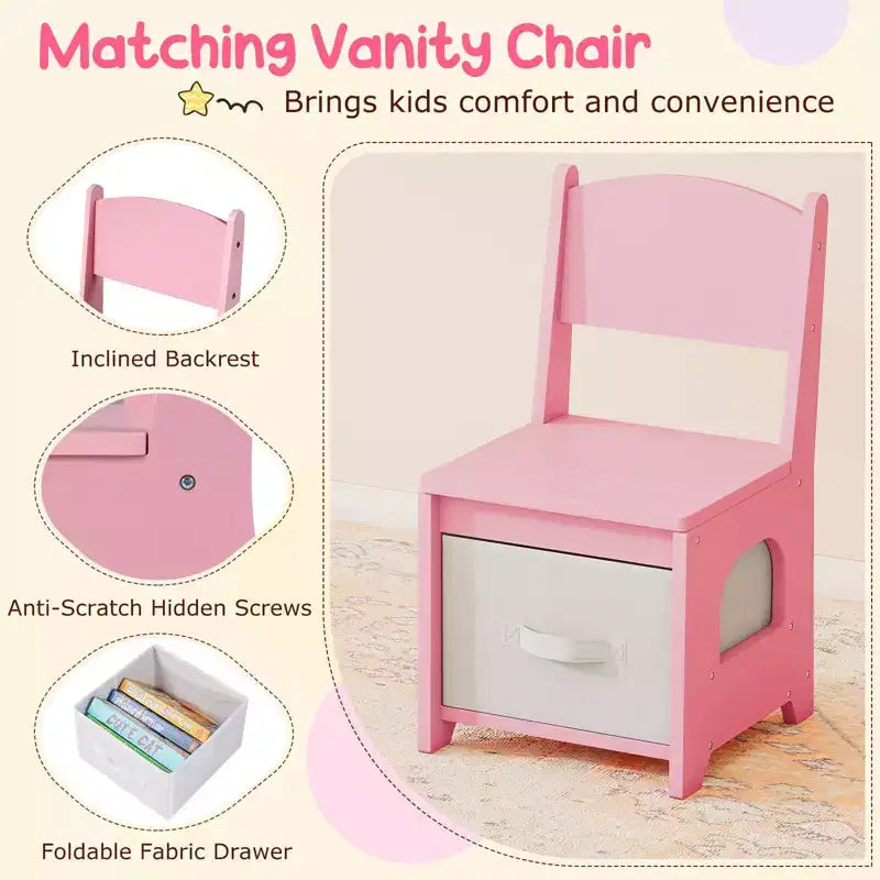 Tavolino da trucco per bambini bianco/rosa con specchio LED, cassetti e libreria, per età 3+