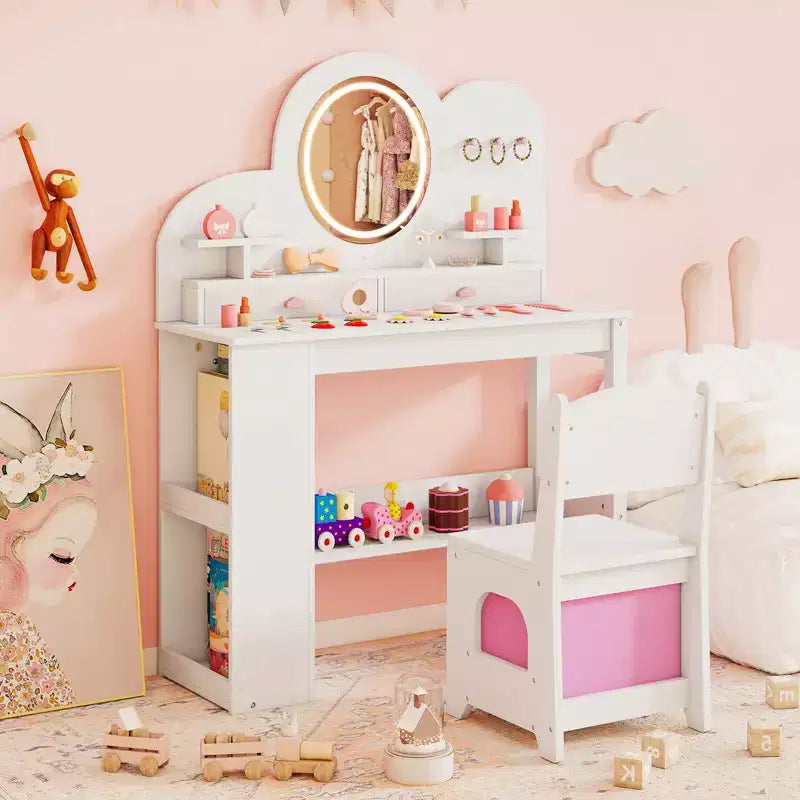 Tavolino da trucco per bambini bianco/rosa con specchio LED, cassetti e libreria, per età 3+