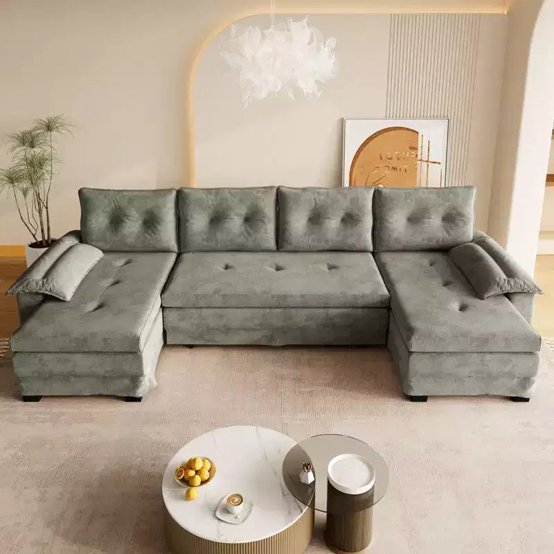 Divano letto componibile a U beige/grigio chiaro/arancione, 5 posti, con letto estraibile e porte USB