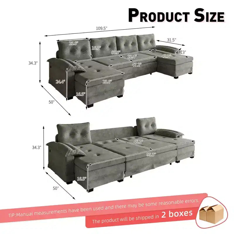 Divano letto componibile a U beige/grigio chiaro/arancione, 5 posti, con letto estraibile e porte USB
