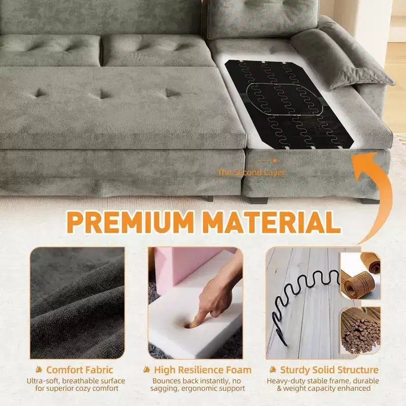 Divano letto componibile a U beige/grigio chiaro/arancione, 5 posti, con letto estraibile e porte USB